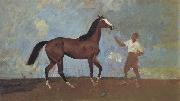 Sir Alfred Munnings,P.R.A The Racehorse 'Amberguity'  Held by Tom Slocombe France oil painting artist